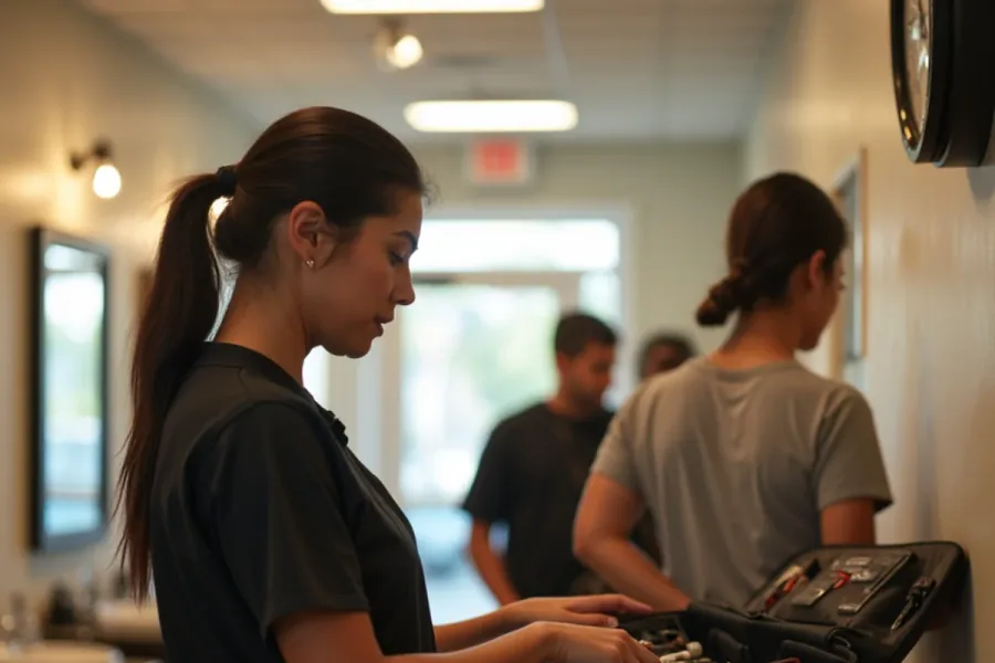 Adult student attending a morning cosmetology class at a beauty school in South Gate, California