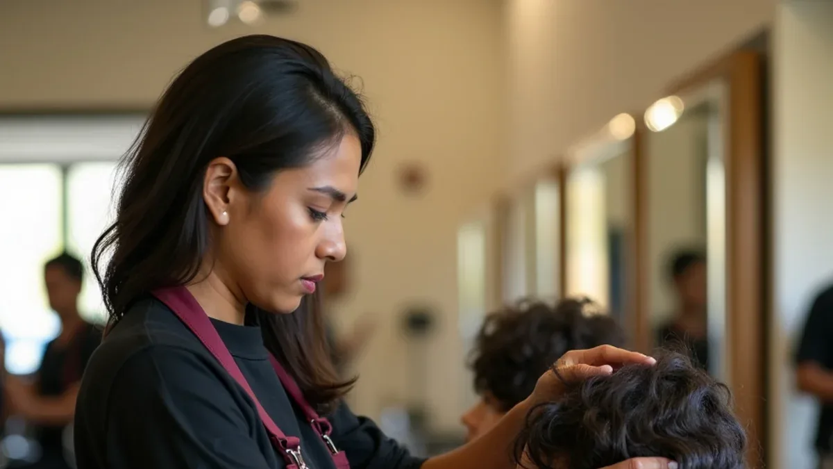 Students in a Spanish-language cosmetology class at a beauty school serving Bell, California