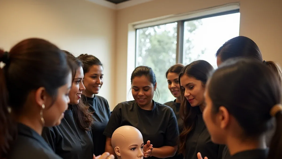 Spanish-language beauty class in session at a cosmetology academy in South Gate, California