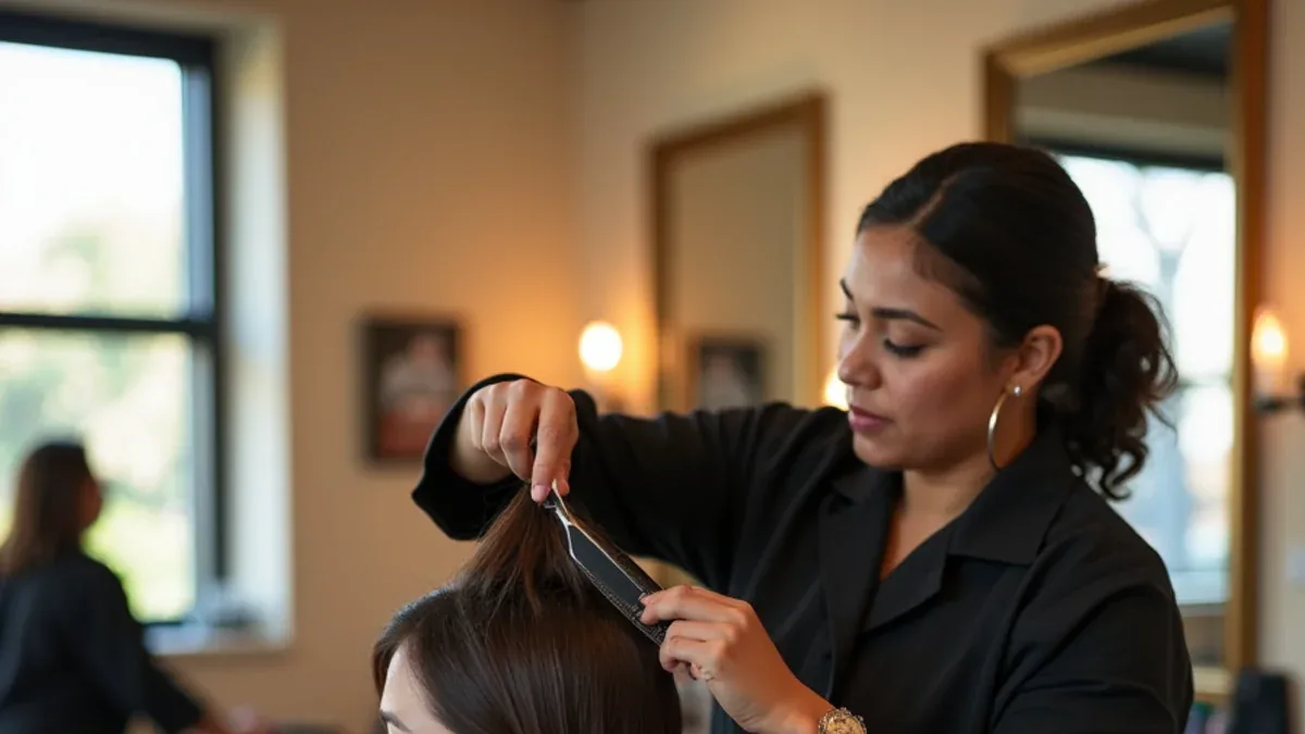 Cosmetology student cutting a client’s hair on the clinic floor at a beauty school in South Gate, California