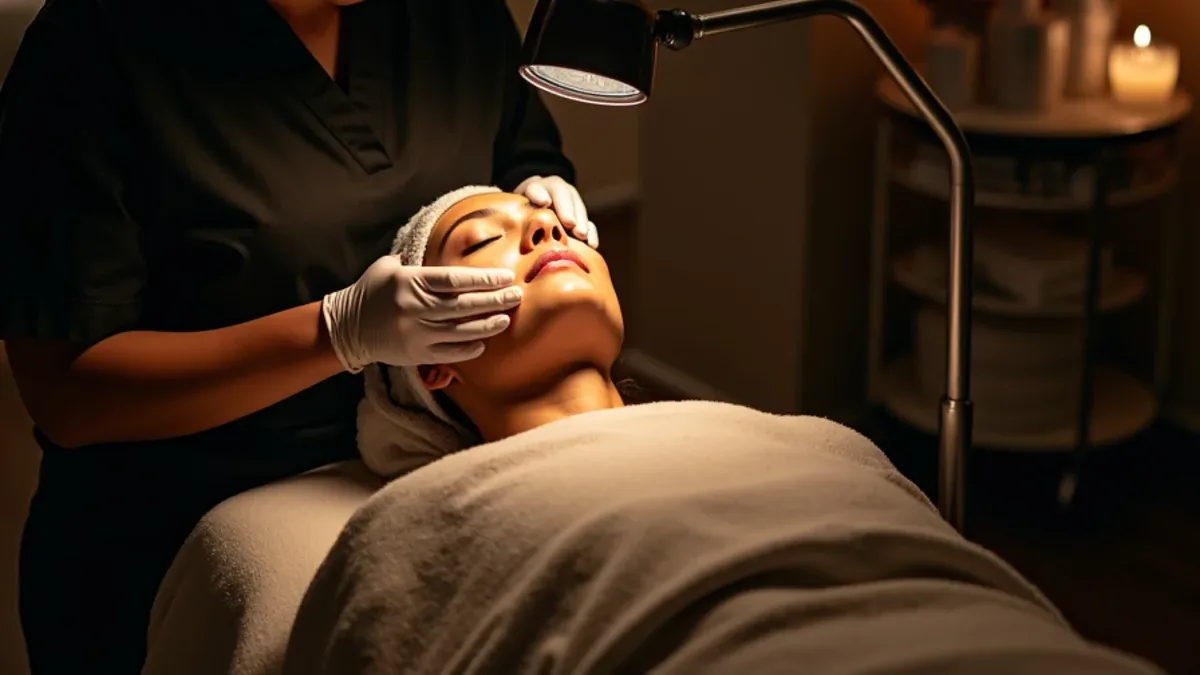Esthetician student performing a facial treatment on a client at a skin care school in South Gate, California