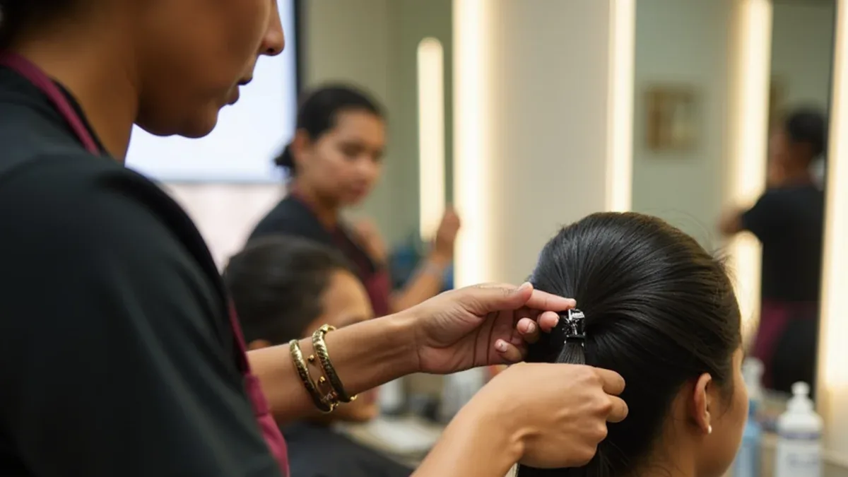 Hair styling student sectioning hair for a cut at a cosmetology school in South Gate, California