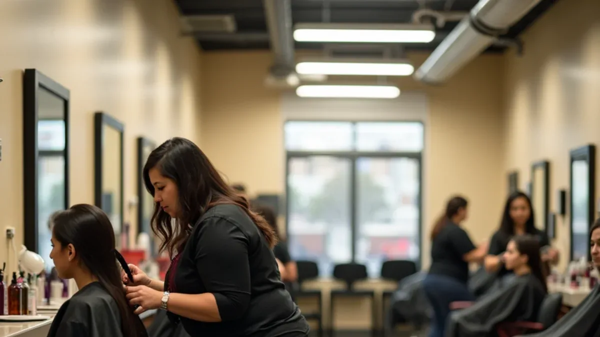 Estudiantes de cosmetología practicando con una instructora en una escuela de belleza en South Gate, California