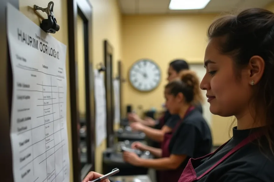 Beauty school students tracking training hours in a California cosmetology classroom