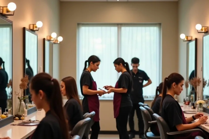 Busy cosmetology clinic floor with students working on live models under supervision