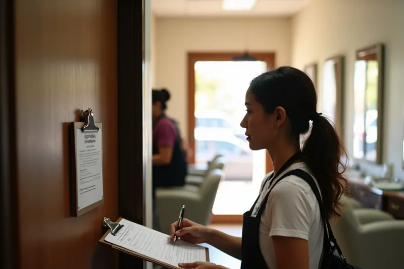 Student signing an attendance and make-up hours sheet at a beauty academy