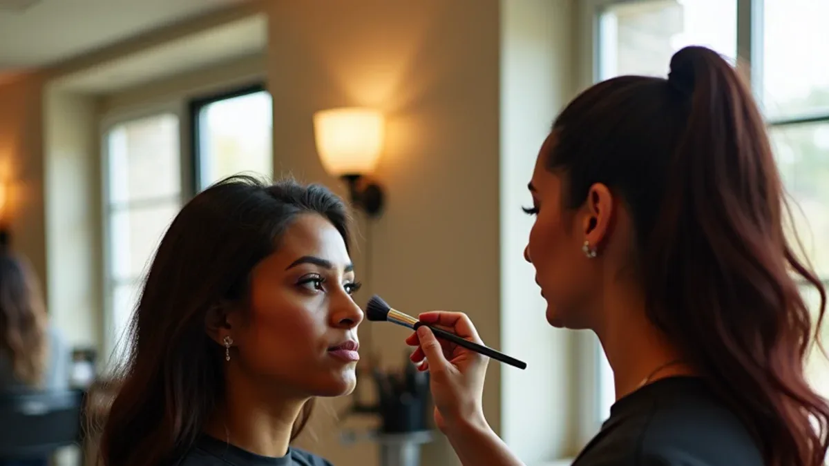 Makeup artistry student applying event makeup to a model at a beauty school in South Gate, California