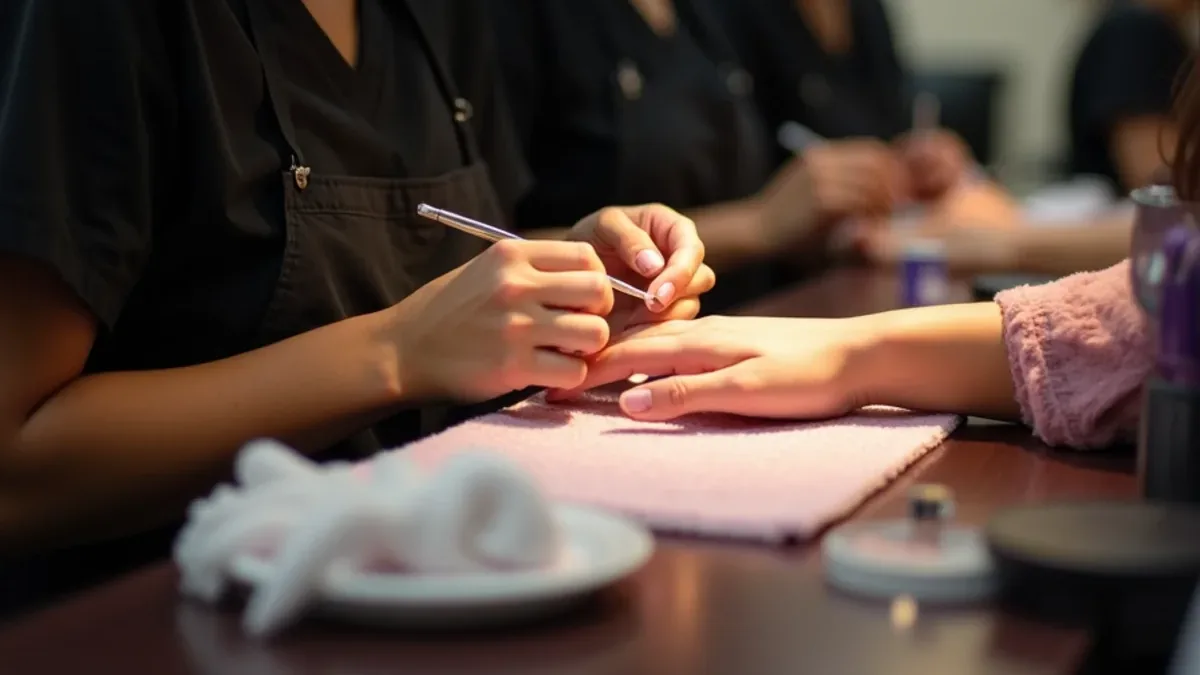 Nail technology student applying acrylic to a client at a manicurist school in South Gate, California