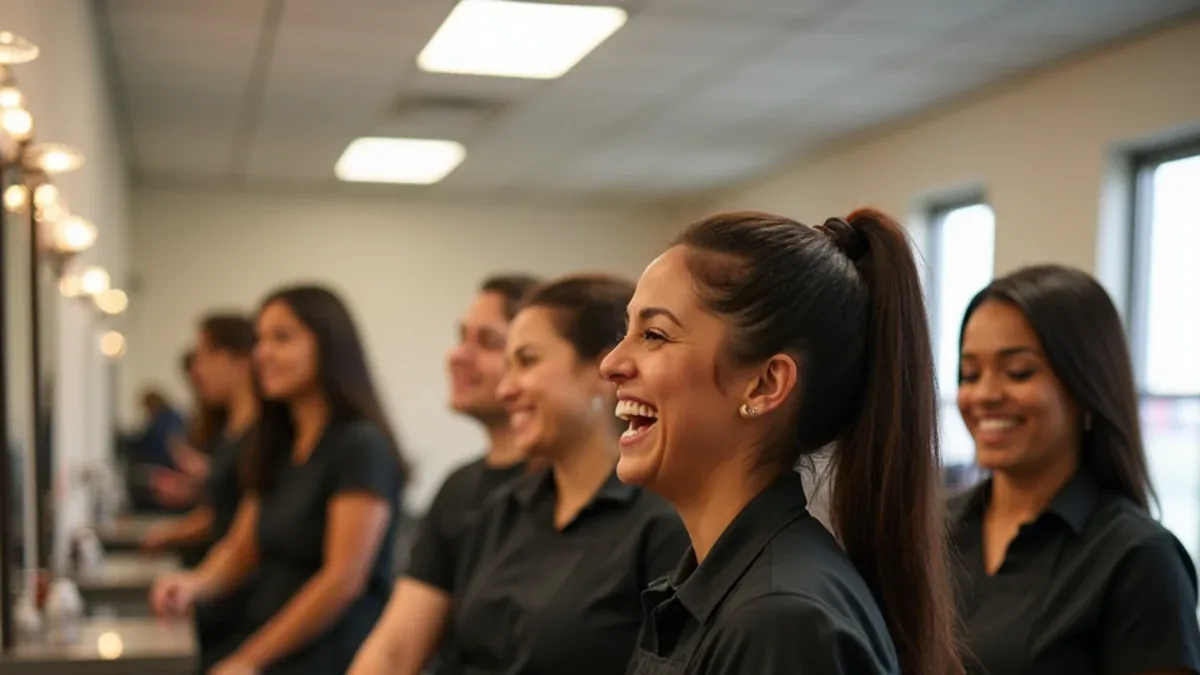 Students and instructors at Maiquela's Cosmetology Academy in South Gate, California