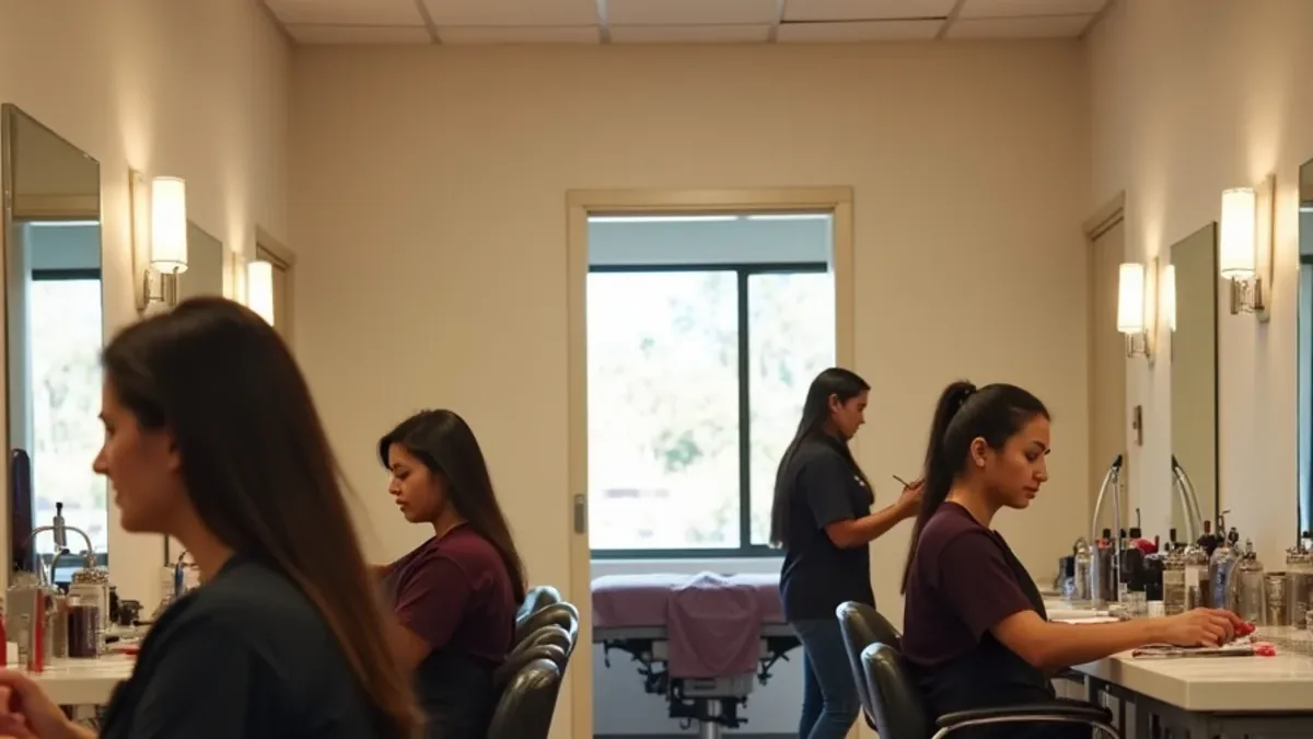 Students working across hair, nail and skin care stations at a beauty school in South Gate, California