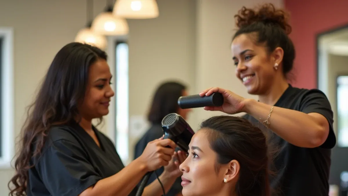 Student salon clinic floor with supervised beauty services in progress in South Gate, California